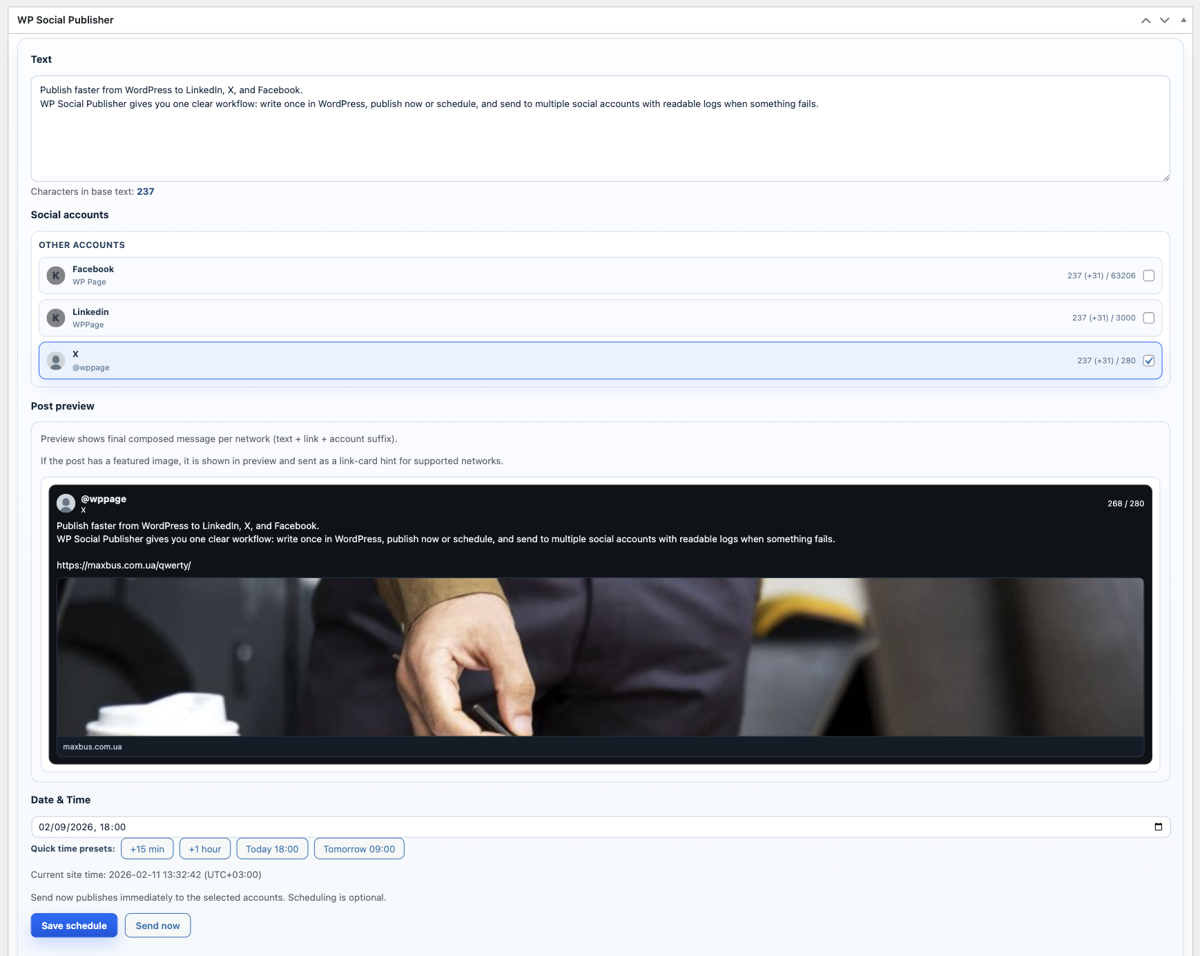 Post editor metabox with post preview and account selector